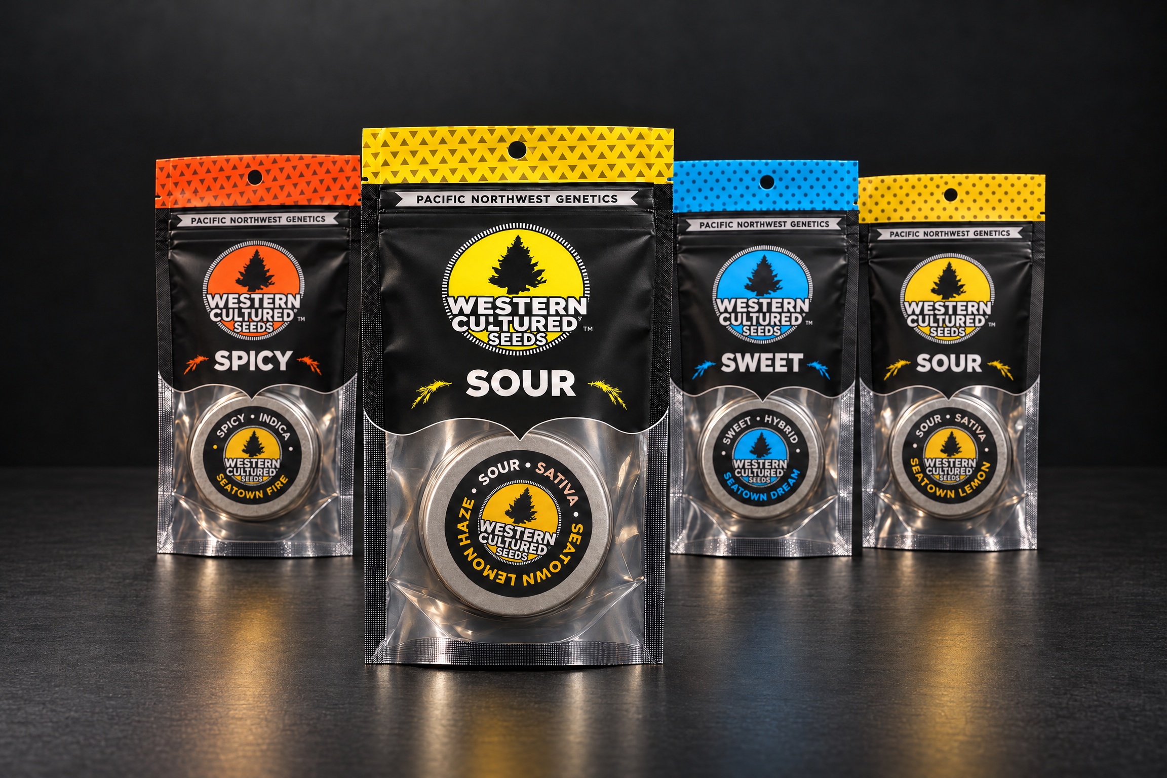 Western Cultured Seeds packaging arranged in a dark studio composition